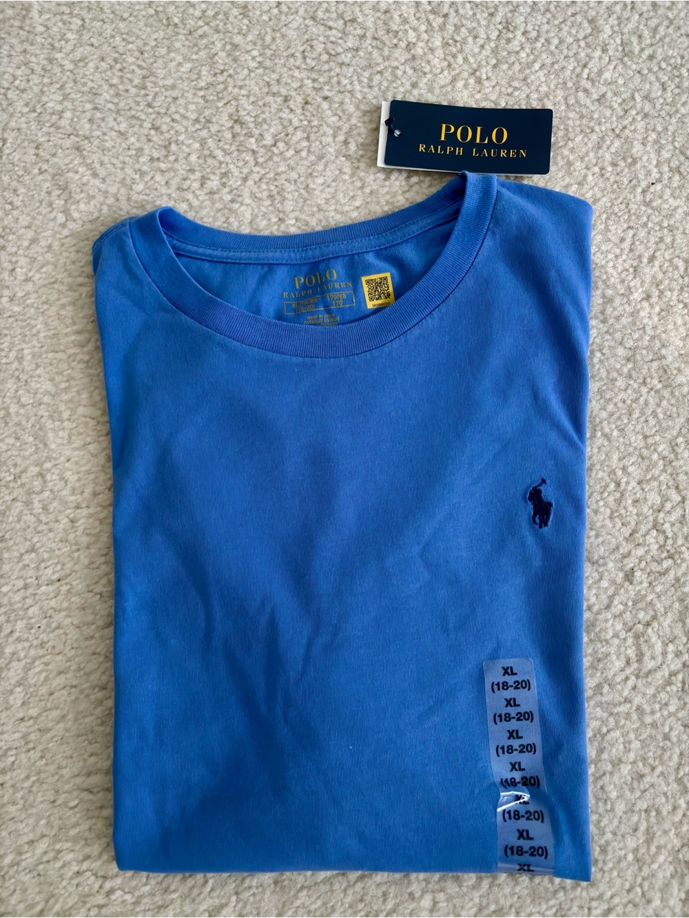 NWT Polo Ralph Lauren Blue Crewneck Tee with Pony Logo Big Boy’s XL ( 18-20)